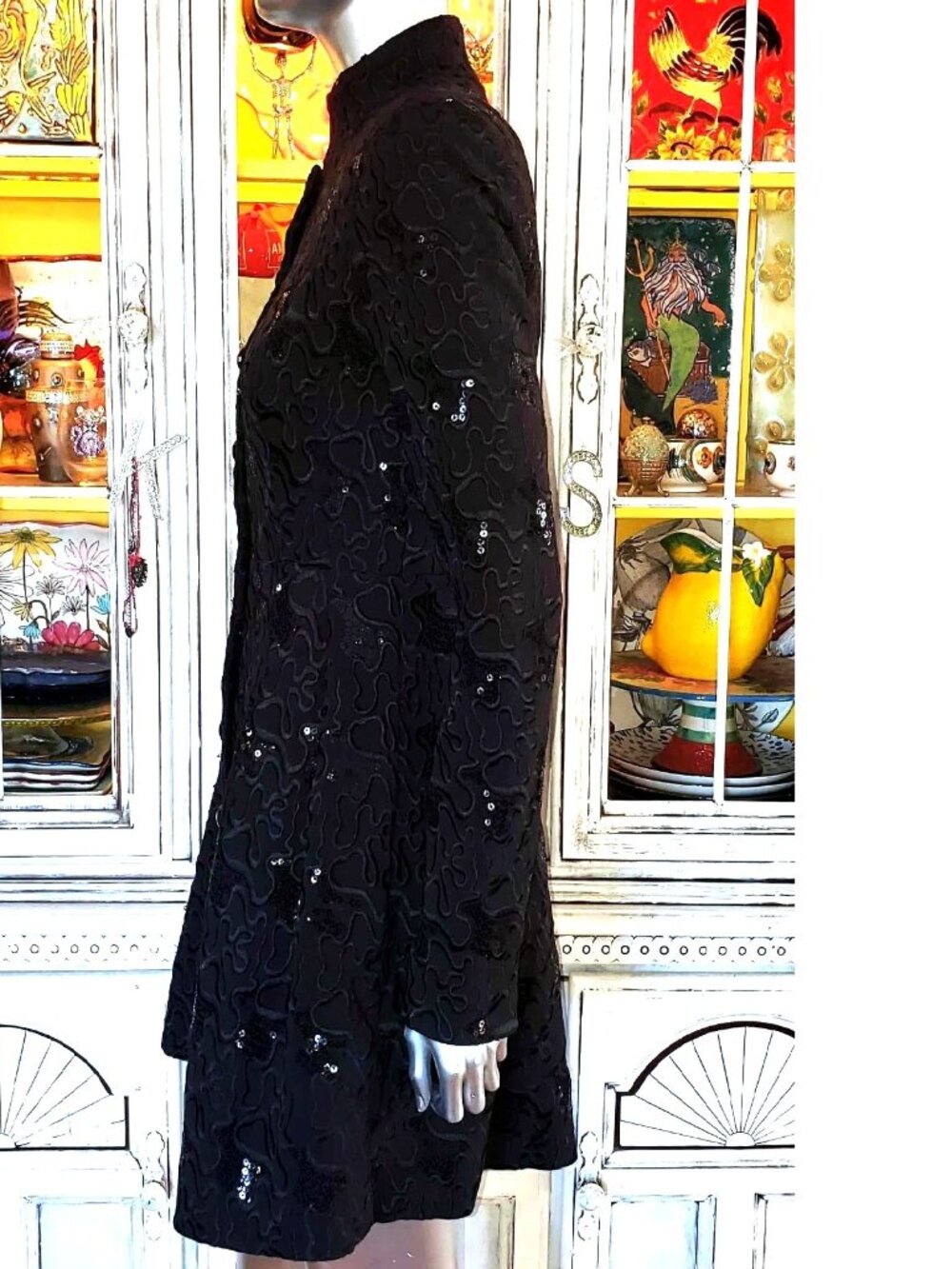 Betsey Johnson Vintage Y2K Black Embroidered Sequin Midi Coat Evening Jacket S - Picture 12 of 16